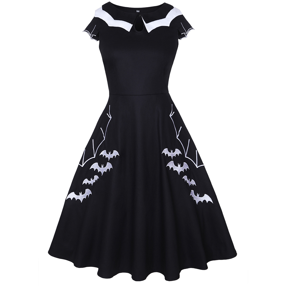 Female Fashion Dress Bat Embroidery Short Sleeve Round Collar Dress  black_4XL