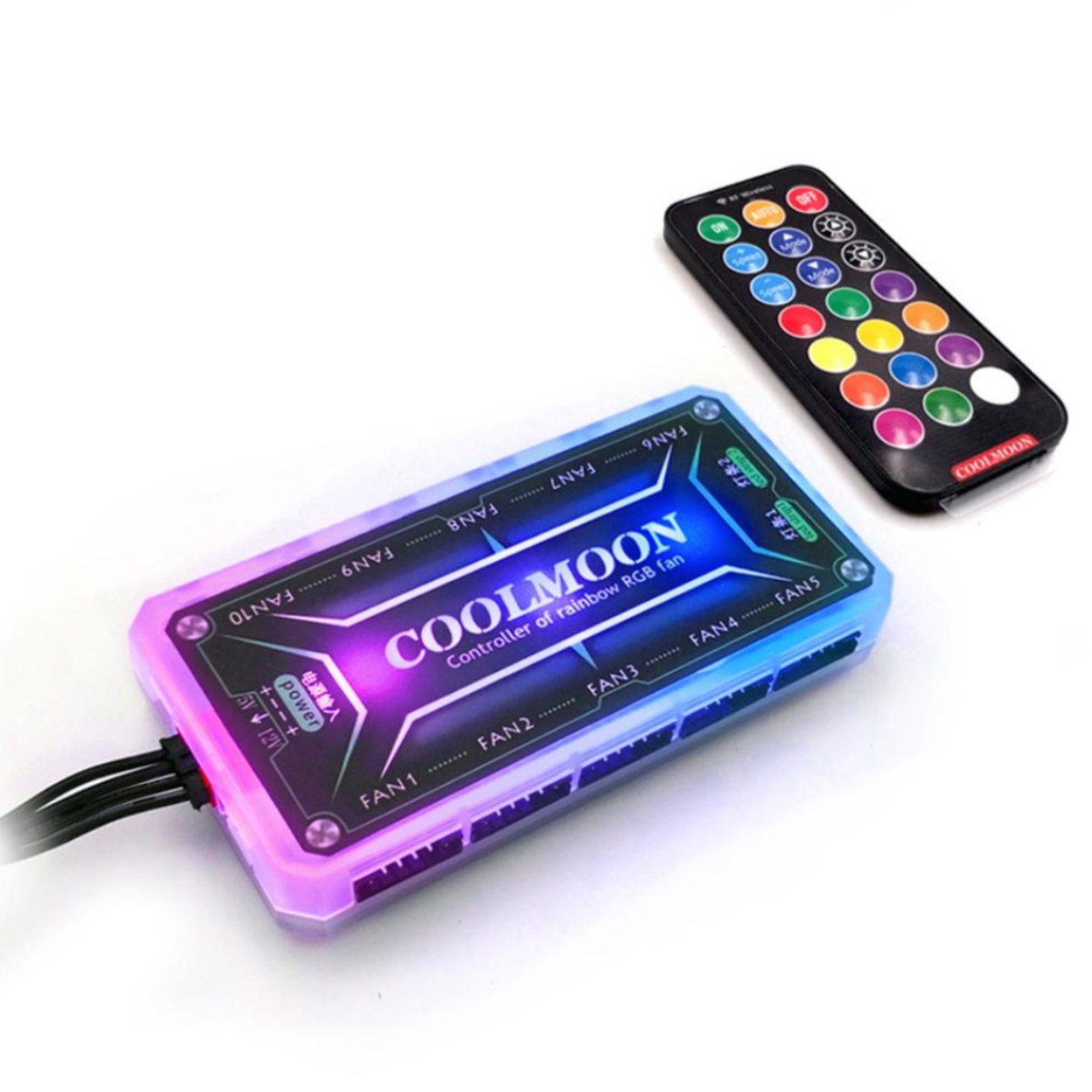 Coolmoon RGB Remote Controller Dc12v 5a Led Smart Fan Controller With 10pcs 6-pin Fan Ports 2pcs 4-pin Light Bar Ports black