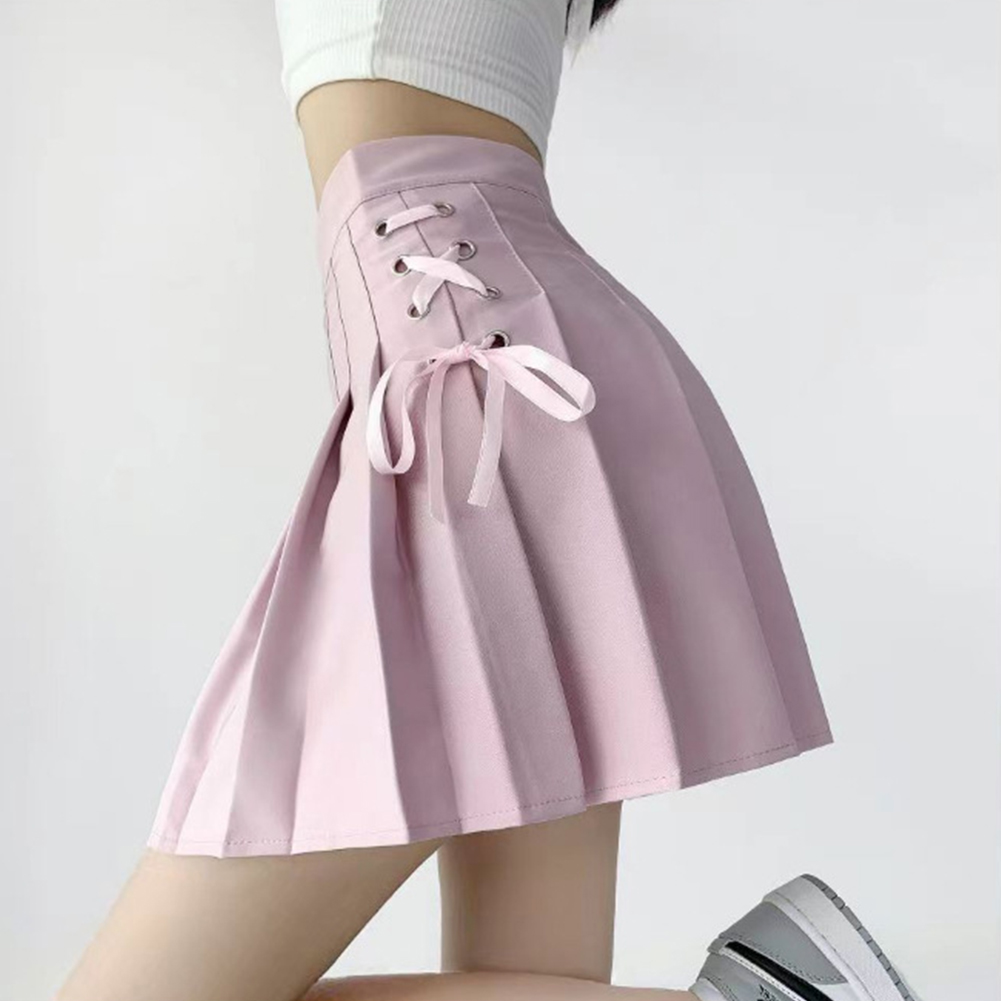 Women Pleated Skirt Summer Sexy High Waist Lace-up Simple Elegant Solid Color A-line Skirt 1812 pink XL