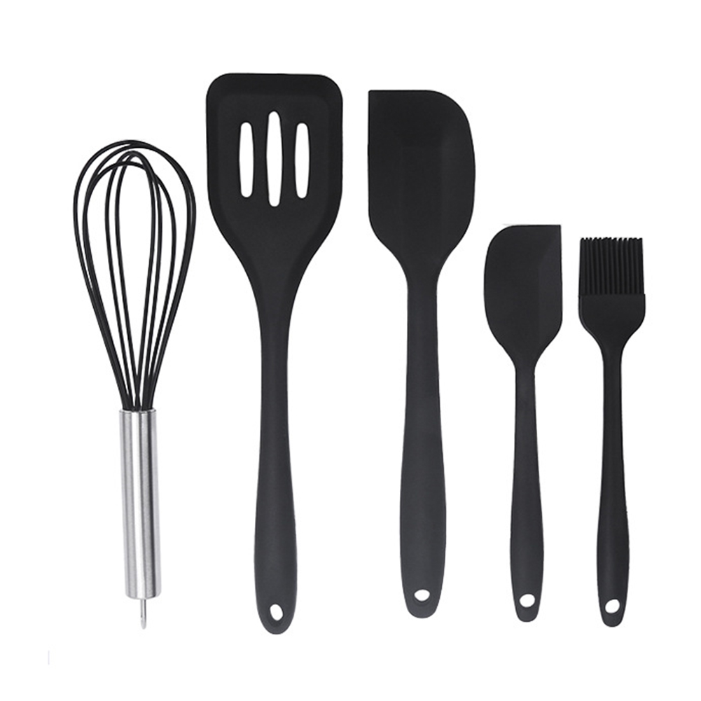 5pcs Silicone Kitchen Utensils Set With Scraper Spatula Egg Beater Heat Resistant Non-stick Baking Tools black