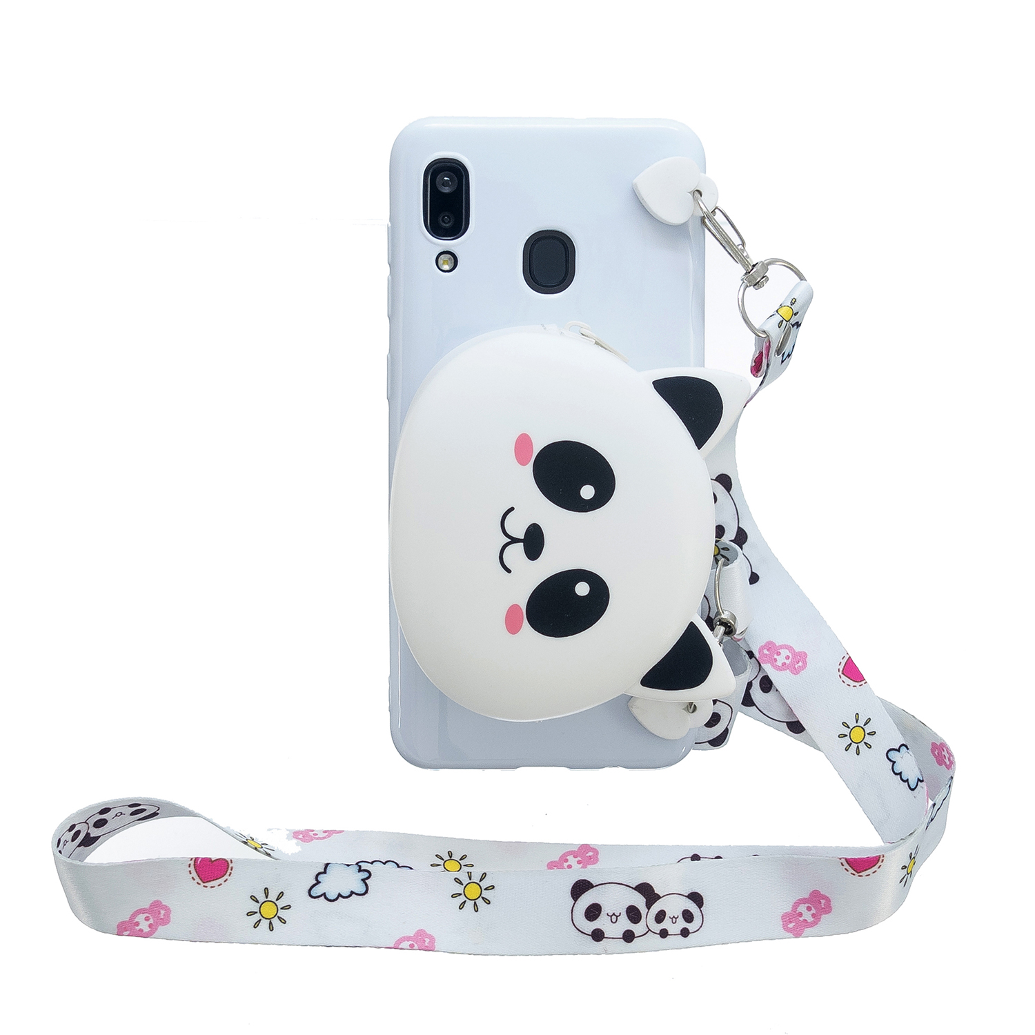 For Samsung A10/A20/A30 Case Mobile Phone Shell Shockproof TPU Cellphone Cover with Cartoon Cat Pig Panda Coin Purse Lovely Shoulder Starp White