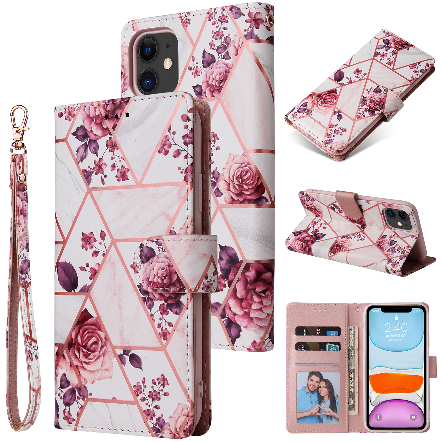 For Iphone 11 Mobile Phone Cover Inlay Gold Line Marble Pattern Flip Phone Leather Case Rose gold