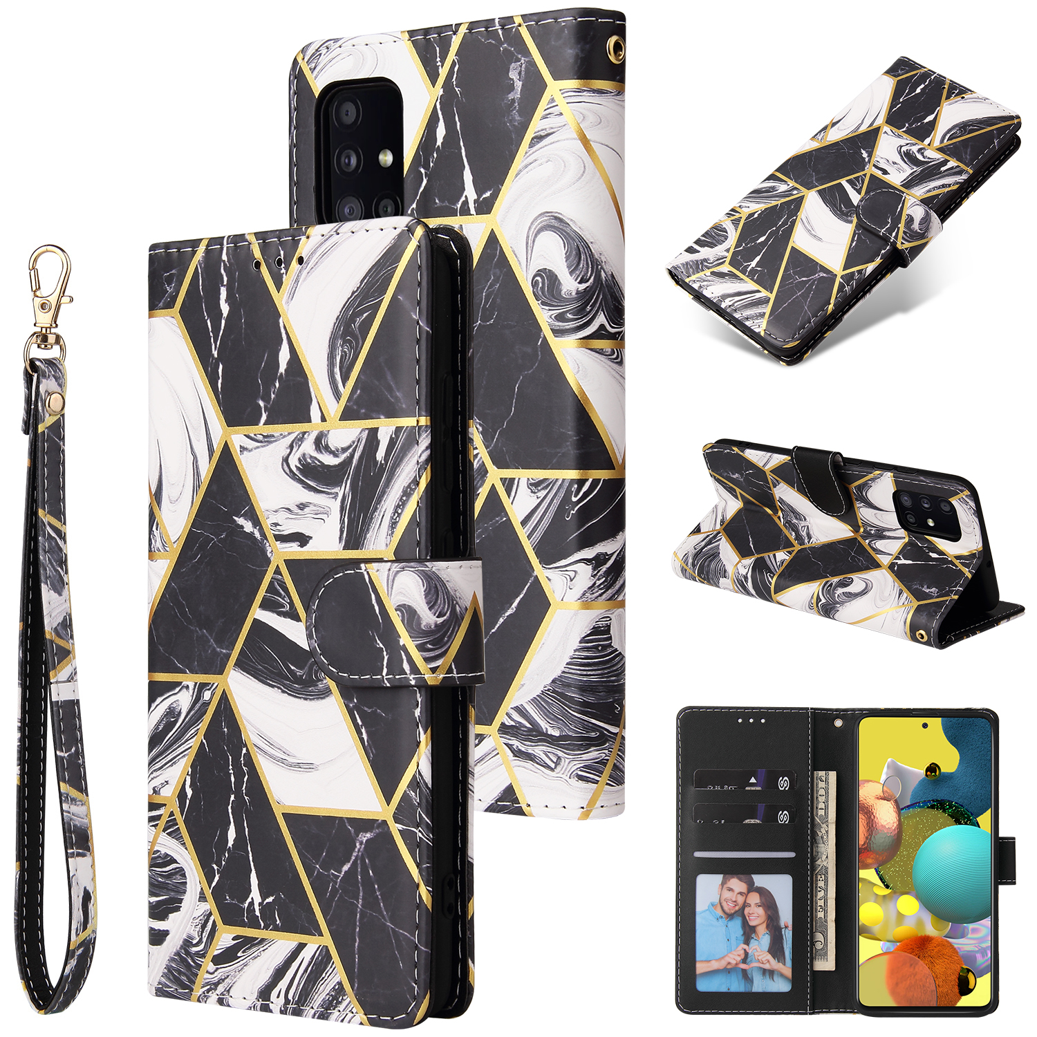 For Samsung A51 5g Mobile Phone Cover Inlay Gold Line Marble Pattern Flip Phone Leather Case black