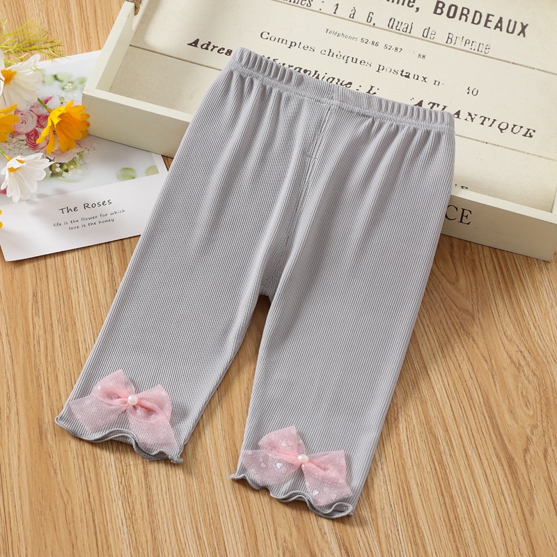 Toddlers Leggings Kids Girls Cropped Pants Solid Color Elastic Waist Belt Summer Outerwear Bottoms Pants lace gray 5-6Y 110cm