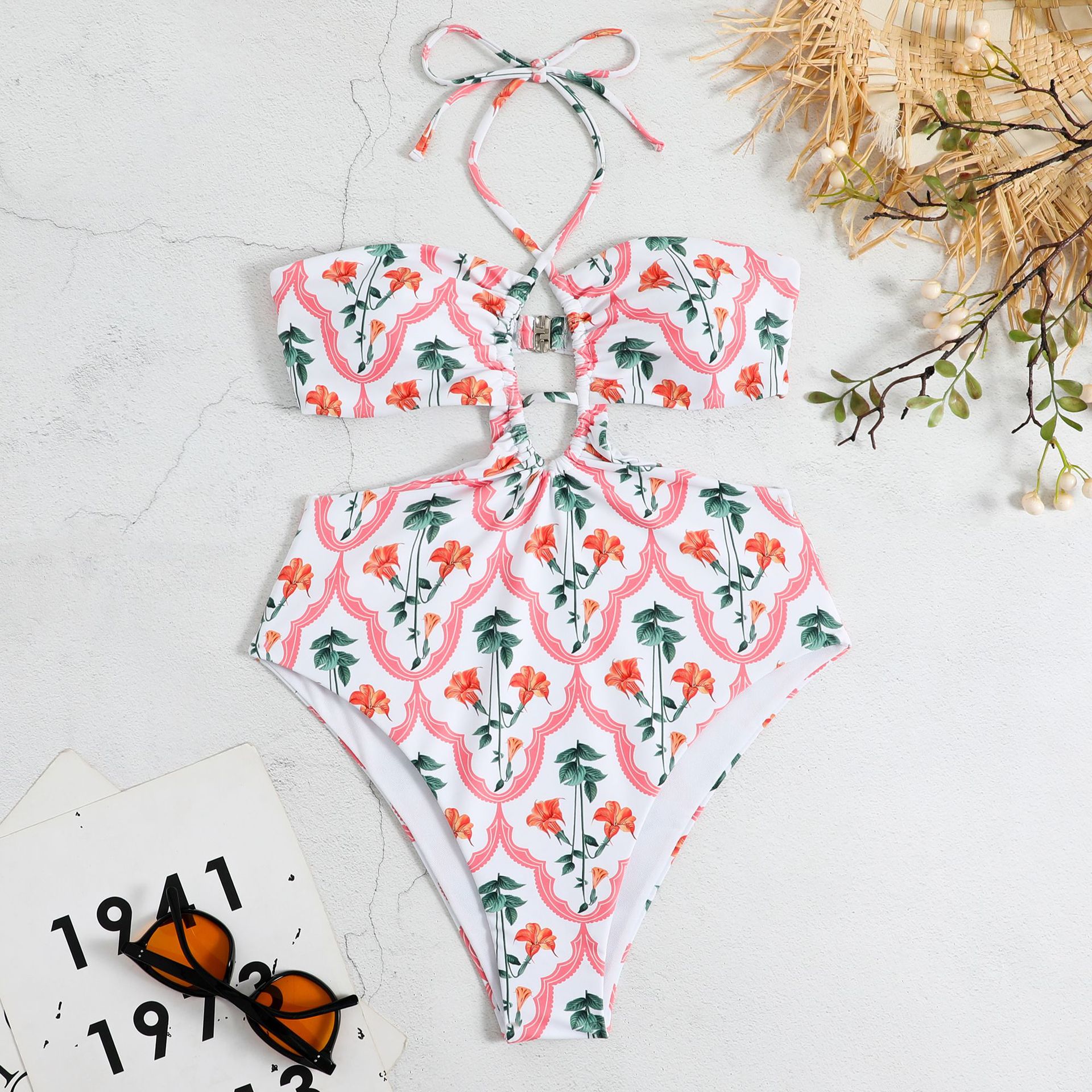 Women Halter Swimsuit Retro Ethnic Moroccan Printing Sexy High Waist Quick-drying Backless Swimwear For Swimming White XL