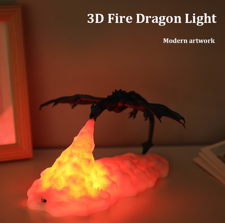 ZYS-3D Print Fiery Dragon Lamp Home Decor USB Charging Night Light monochrome