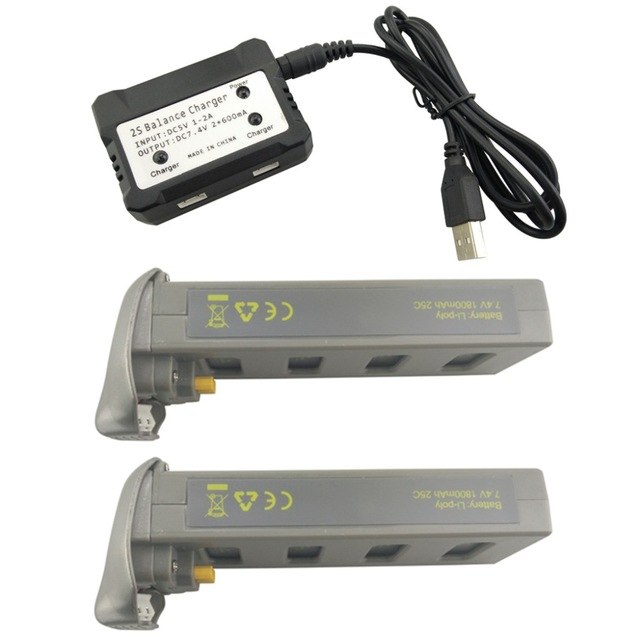 2PCS 7.4V 1800mah Lithium Battery with 2 in 1 Charger for MJX B2SE D80 Brushless Four-axis Aircraft Spare Parts Drone  2pcs