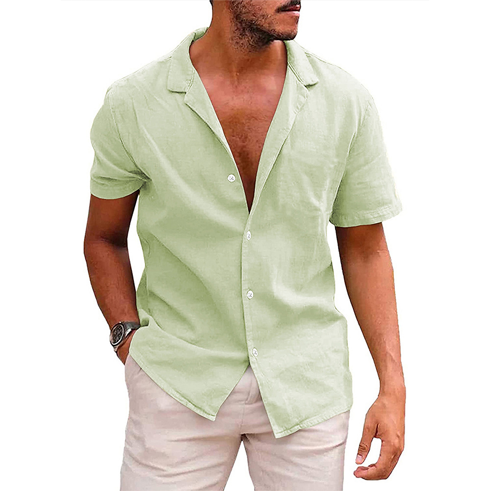 Summer Short Sleeves Shirt For Men Fashion Lapel Cotton Linen Button Cardigan Tops light green 2XL