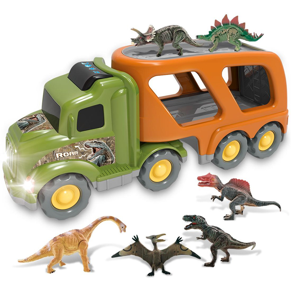 [US Direct] Dinosaur  Toy  Car Sound Flashing Lights Dinosaur Transport Truck With 6 Different Jurassic Period Dinosaurs Holiday Gifts For Boys Girls As shown