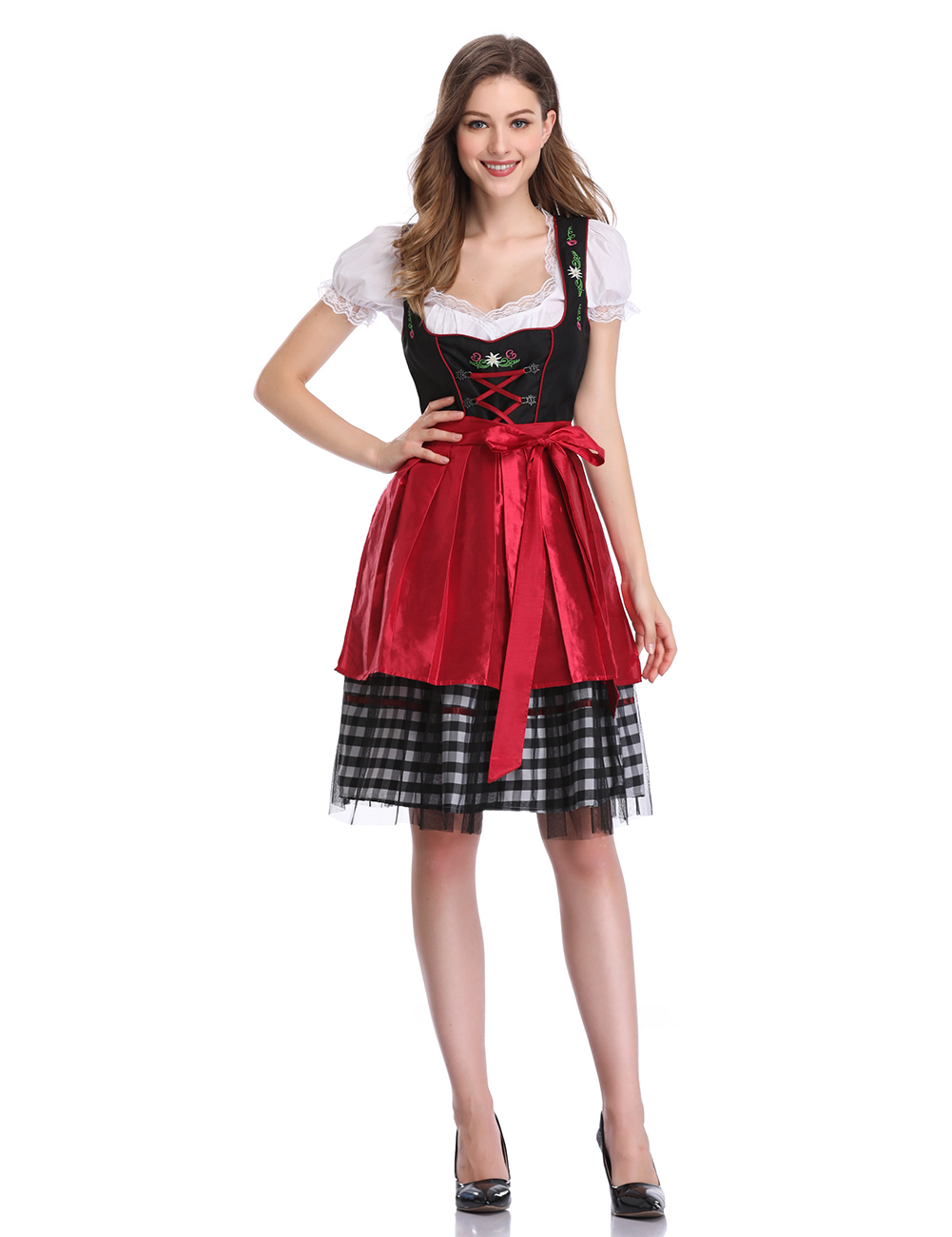 Women's Oktoberfest Plaid Mesh Stitching Embroidery A Line Formal Dresses Suit