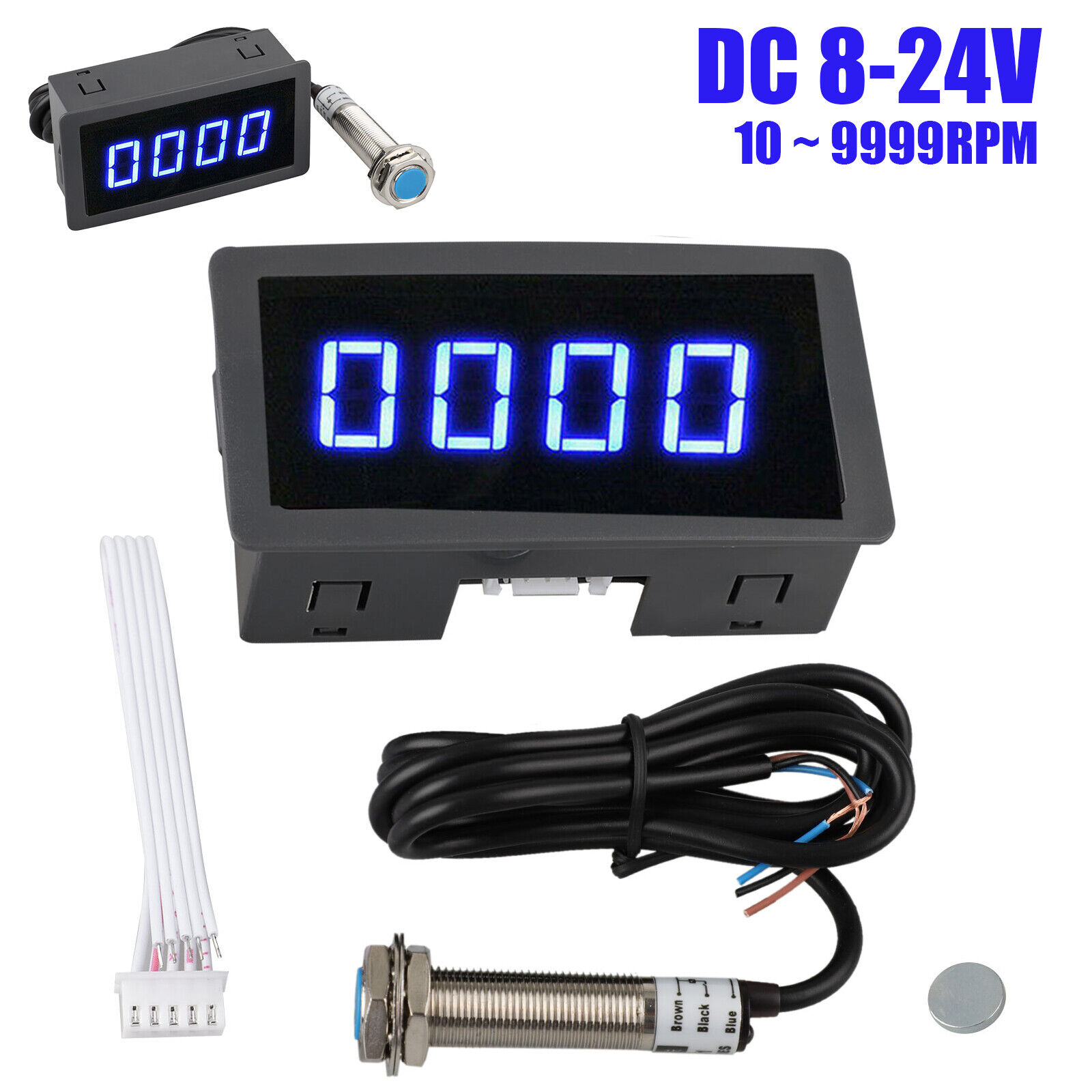 4 Digital LED Tachometer DC8-24V Digital Motor Tachometer With Hall Proximity Switch Sensor NPN LED Panels Digital Module RPM Speed Meter Auto Accessories Black blue