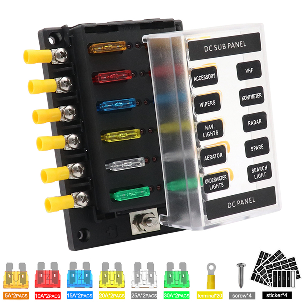 41pcs Pc+pbt 12-way Fuse  Holder With Short Circuit Indicator Light + 12 Fuses + 20 Yellow Cold-pressed Ring Terminal Sets black