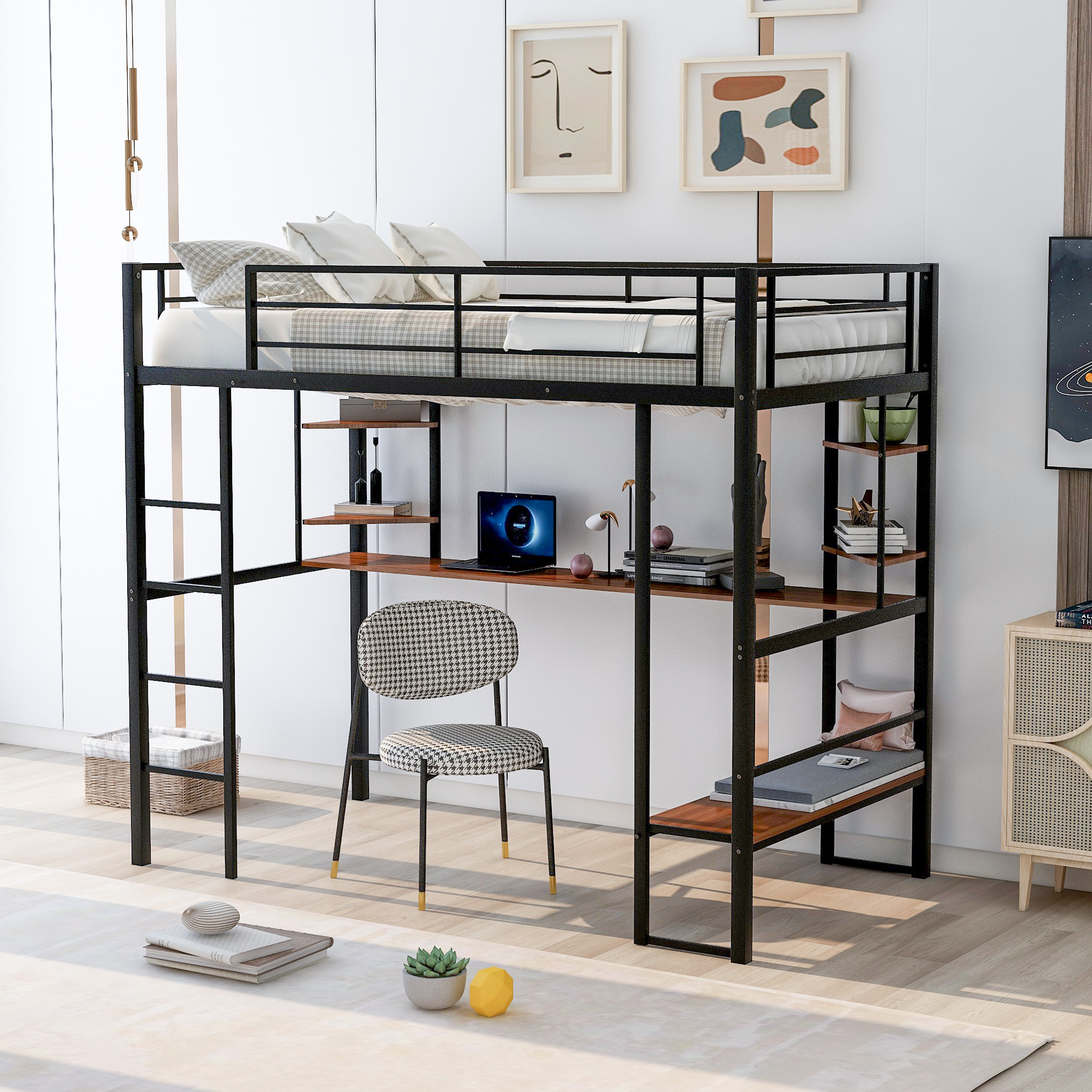 [US Direct] Twin Size Loft Metal Bed with Long Desk and Shelves（Expected to arrive around 5.10）