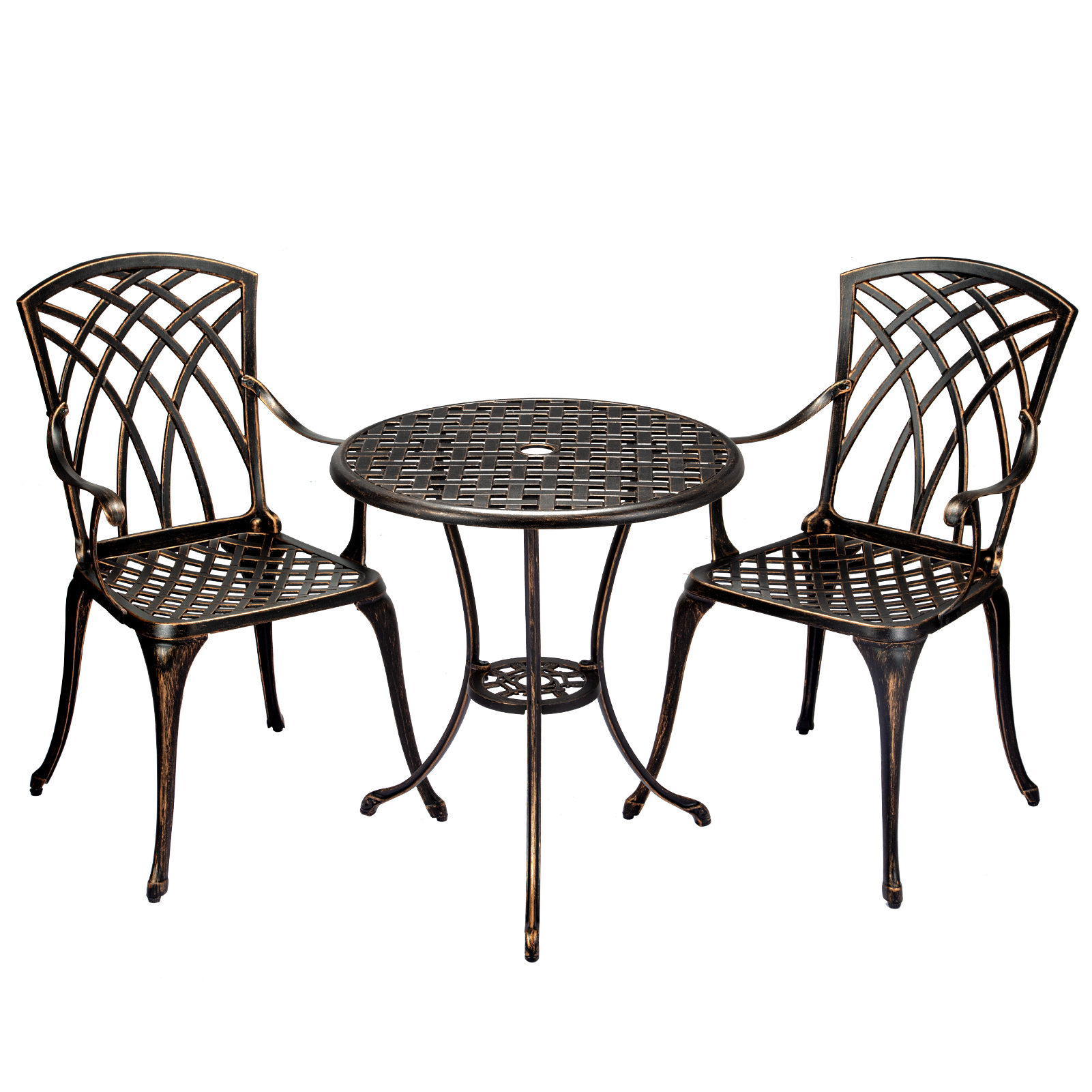 US GARVEE Patio Bistro Set with Umbrella Hole, 3 Piece Cast Aluminum Bistro Table and Chairs Set, Patio Table and Chairs, Bistro Set for Patio Backyard, Garden, Patio Balcony, Bronze