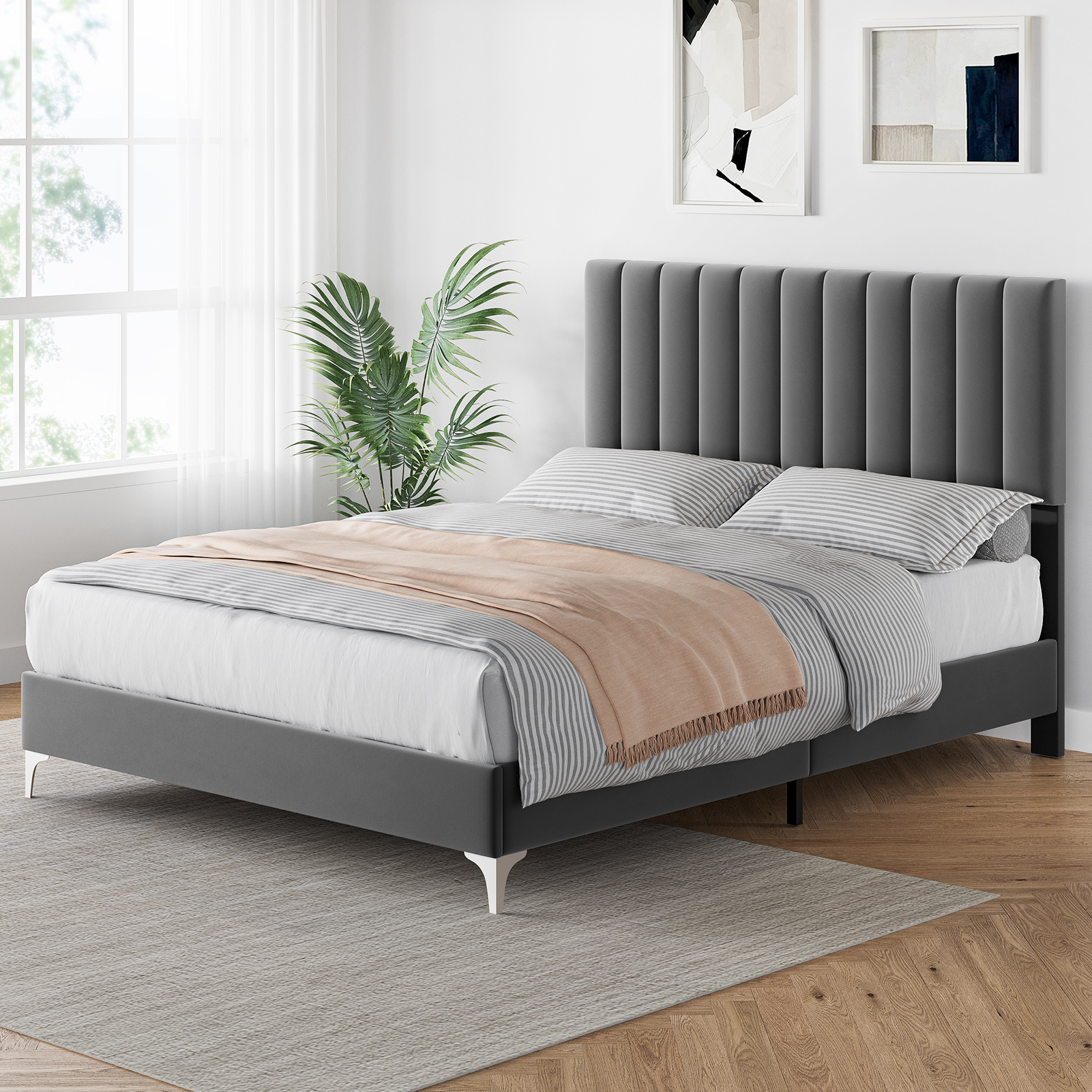 US GARVEE Base de Cama Queen Moderna tapizada de Terciopelo de 11 Pulgadas con cabecero, no Necesita somier (Queen (estándar de Estados Unidos))