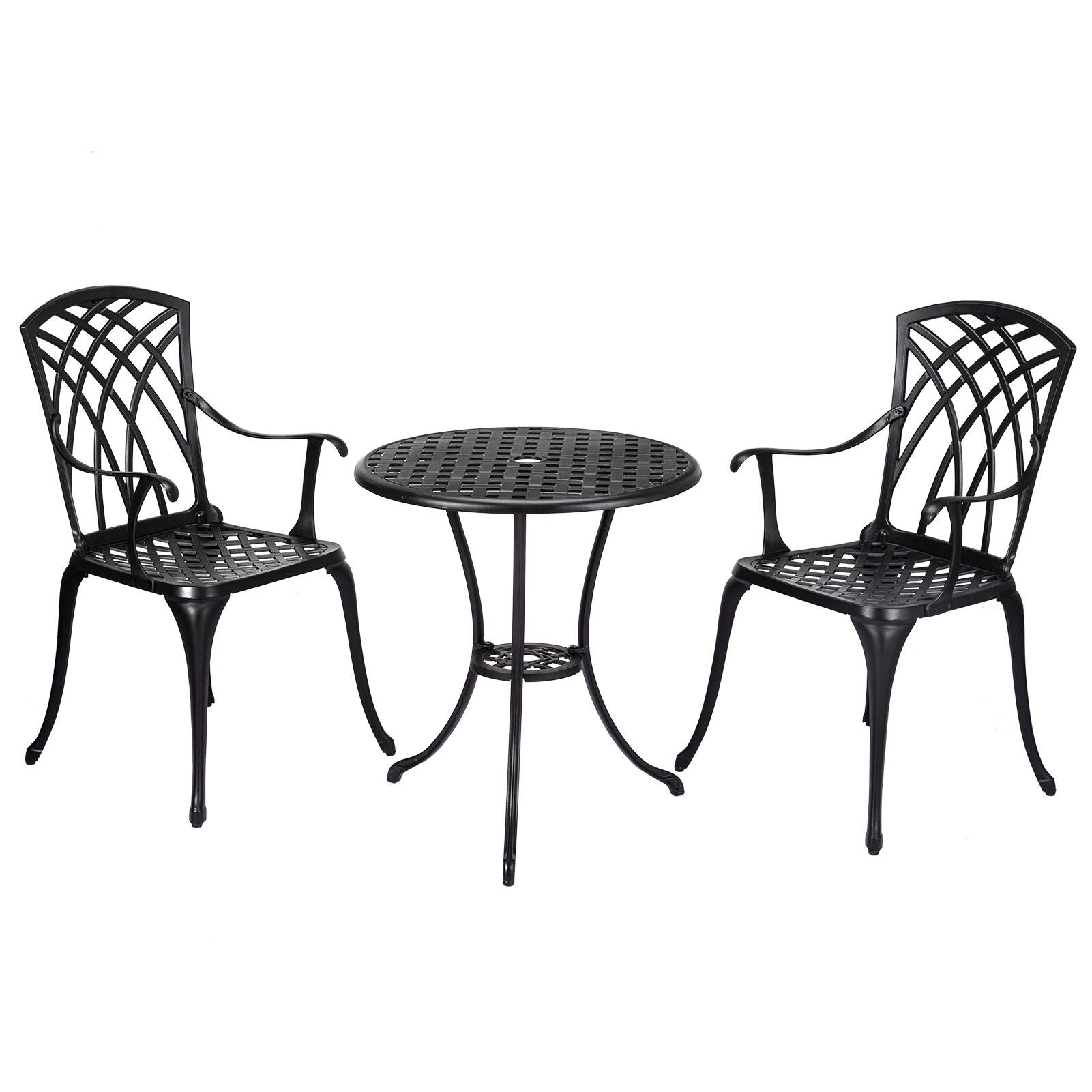 US GARVEE Patio Bistro Set with Umbrella Hole, 3 Piece Cast Aluminum Bistro Table and Chairs Set, Patio Table and Chairs, Bistro Set for Patio Backyard, Garden, Patio Balcony, Black