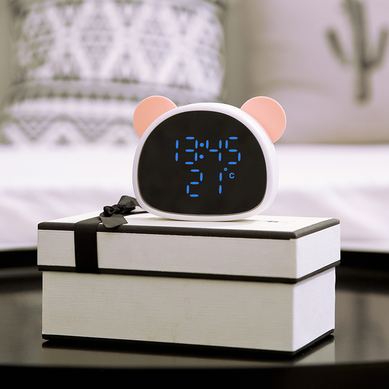 Alarm Clock Multi-Function Recorded Mirror Clock with Voice Control USB Night Light Panda Alarm Clock Pink white