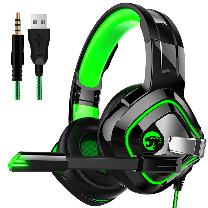 Gaming Headphone Stereo Anti-noise Headset Heavy Bass for PC Laptop Phone A66 black and green breathing light single plug version