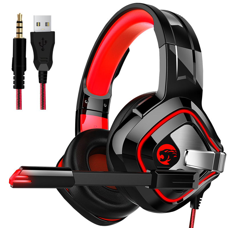 Gaming Headphone Stereo Anti-noise Headset Heavy Bass for PC Laptop Phone A66 black and red breathing light single plug version