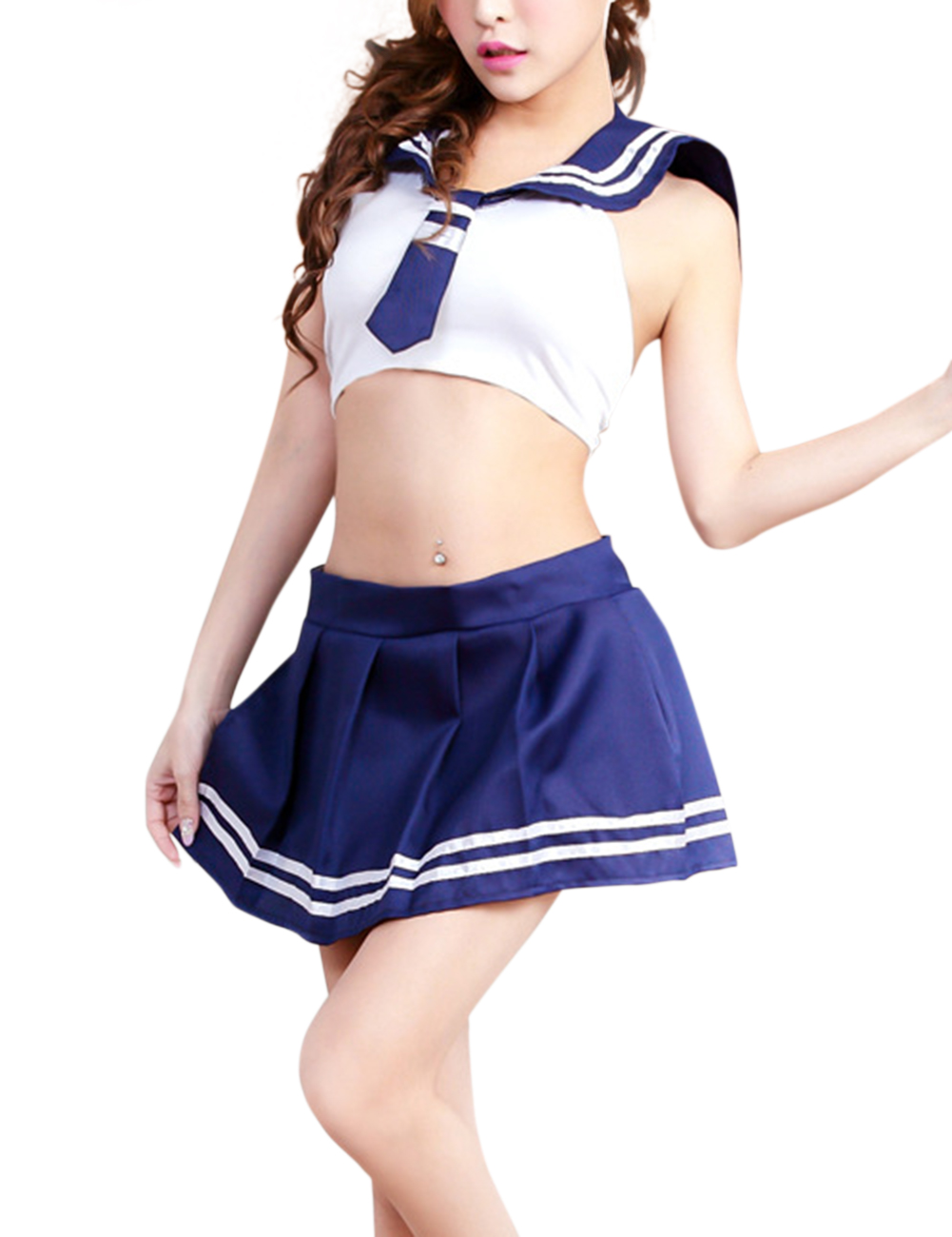 Women Sexy Lingerie School Uniform Adult Charming Short Backless Tops+Short Skirt Cosplay Outfit blue_one size