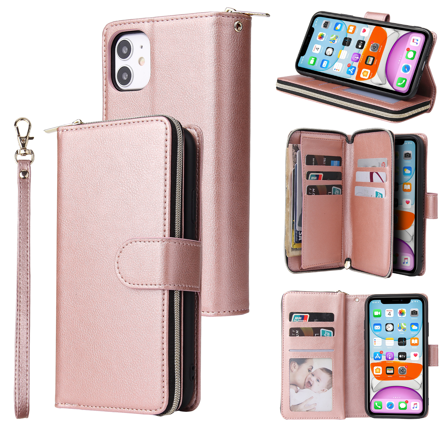 For iphone X/XS/XS MAX/11/11Pro Pu Leather  Mobile Phone Cover Zipper Card Bag + Wrist Strap Rose gold