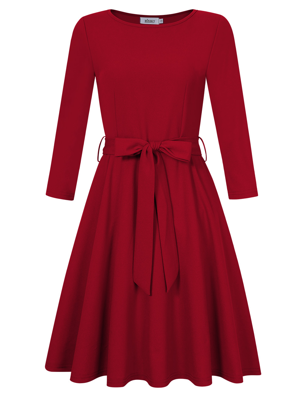 [US Direct] Ladies 3/4 Sleeve Casual Waist Repairing Swing Dress Red S+Missky Tag