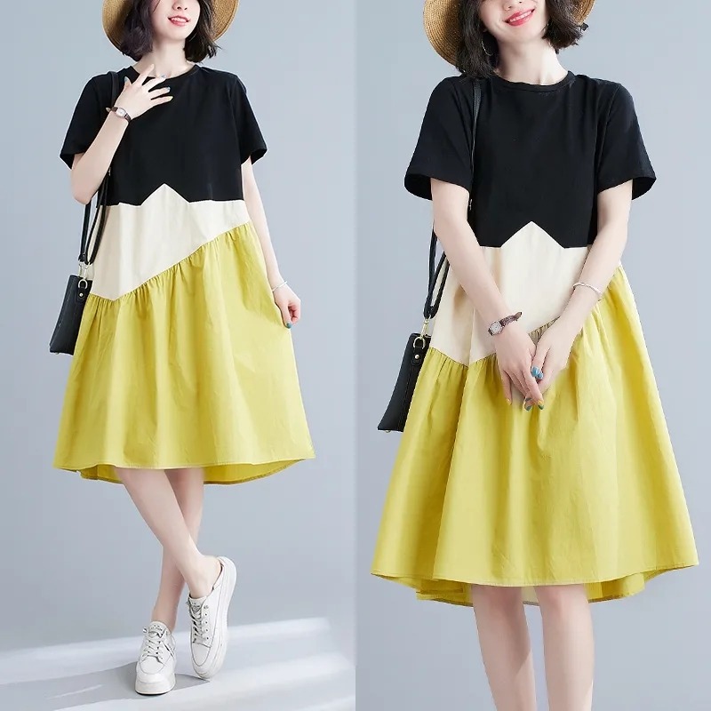 Fashion Maternity Dress For Women Summer Round Neck Short Sleeves A-line Skirt Loose Large Size Pullover Dress yellow 2XL