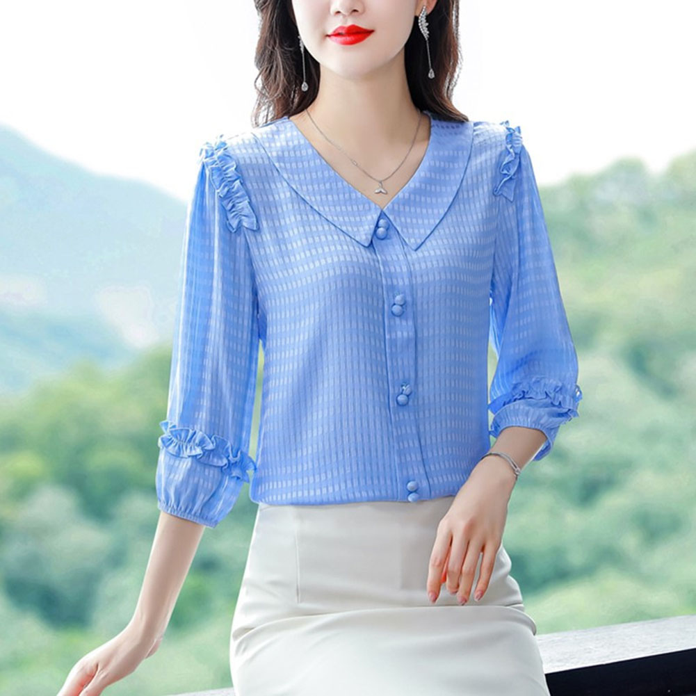 Fashion Chiffon Tops For Women Summer Three-quarter Sleeves Doll Collar Shirt Elegant Solid Color Pullover Blouse sky blue L