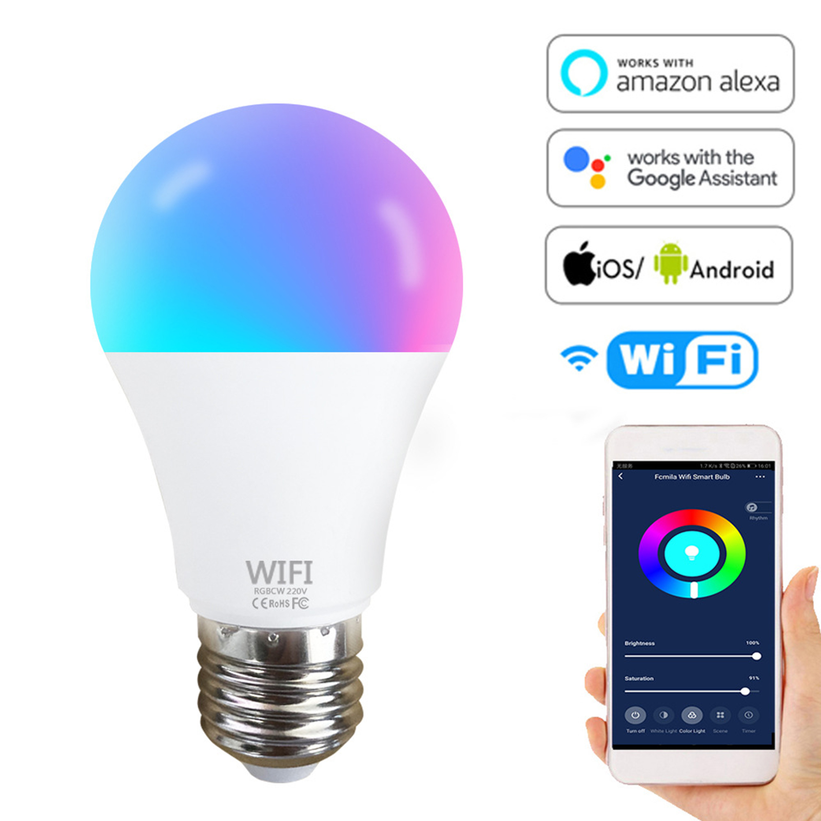 Smart Light Bulbs 1500LM 2000-7000K 15W Night Light Bulbs WiFi RGB LED Color Changing Bulb Voice Controlled Bulb Light For E27/E26/B22 Screw Base Light Bulb E27
