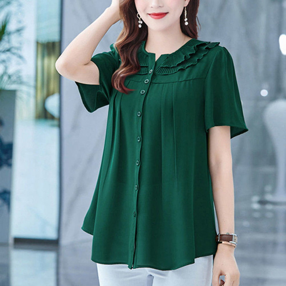 Summer Large Size Blouse For Women Short Sleeves Loose Chiffon Shirt Simple Solid Color Elegant Cardigan Tops green M