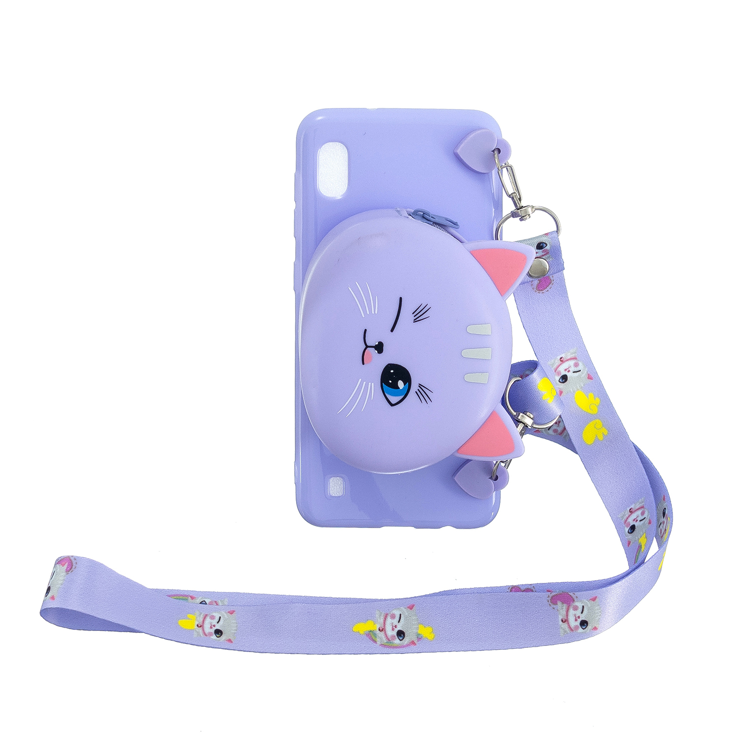 For Samsung A10/A20/A30 Case Mobile Phone Shell Shockproof TPU Cellphone Cover with Cartoon Cat Pig Panda Coin Purse Lovely Shoulder Starp  Purple
