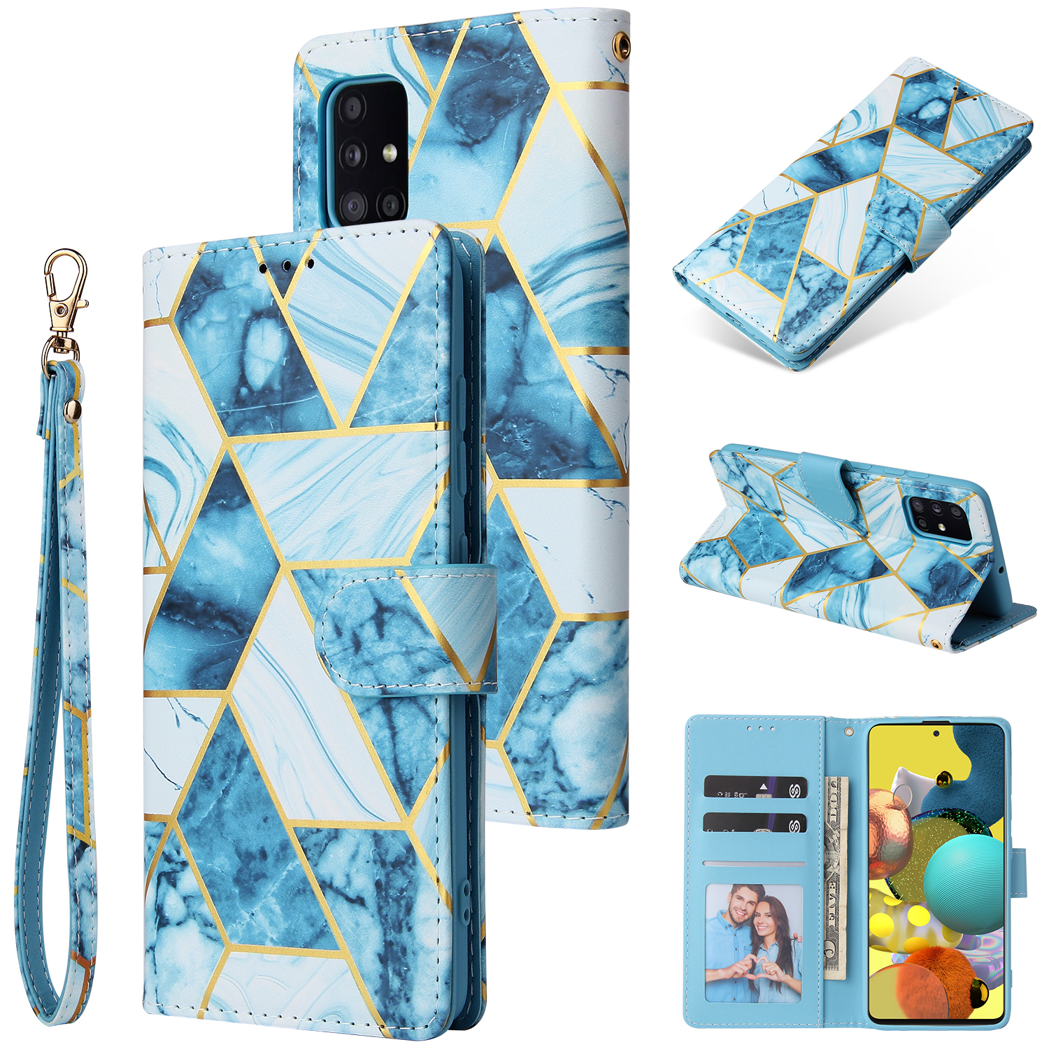 For Samsung A51 5g Mobile Phone Cover Inlay Gold Line Marble Pattern Flip Phone Leather Case blue
