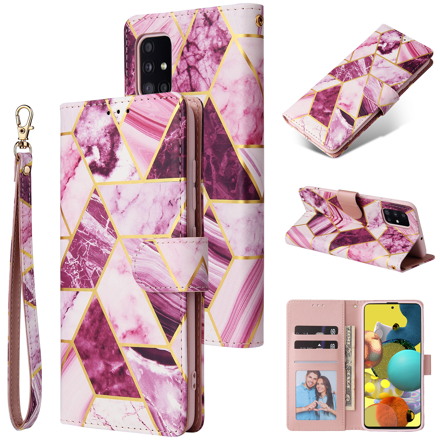 For Samsung A51 5g Mobile Phone Cover Inlay Gold Line Marble Pattern Flip Phone Leather Case purple