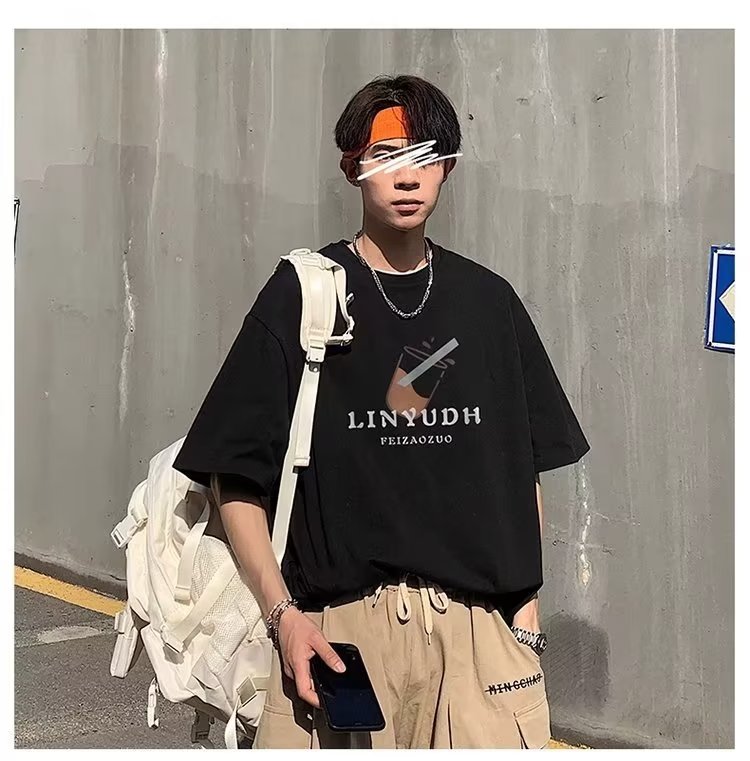 Men Summer Short Sleeves T-shirt Round Neck Fashion Printed Pullover Tops Large Size Casual Loose Shirt black L