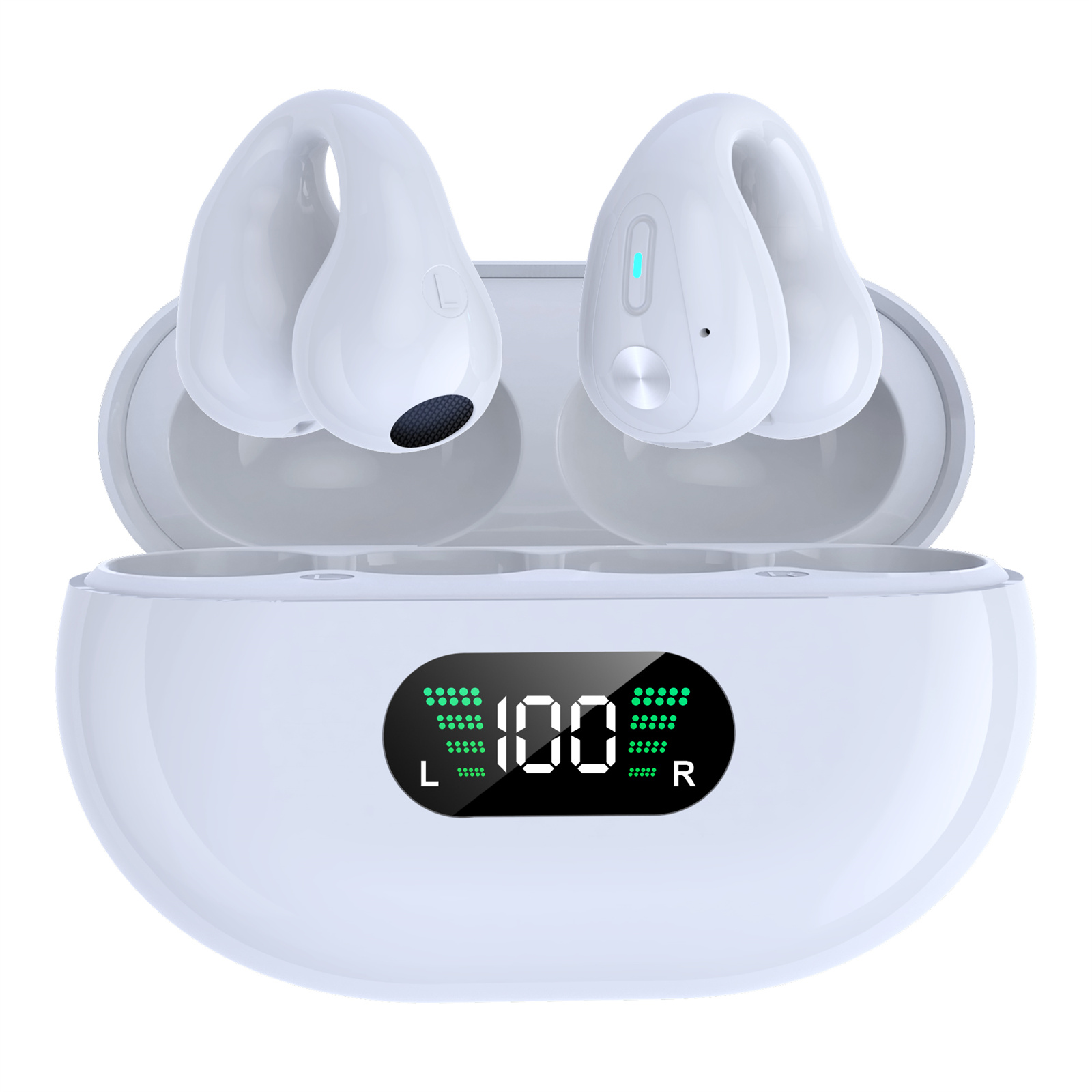 Q80 Wireless Ear Clip Open Ear Headphones Sports Earphones With Built-in Mic Power Display Charging Case Earbuds White