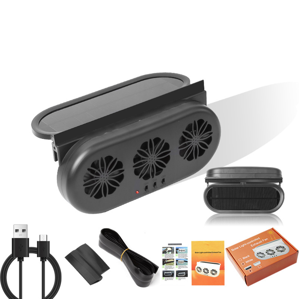 Car Exhaust Fan Solar Power Window Ventilator 3 Fans Front Rear Window Radiator Promoting Air Circulation USB Charging Vehicle Radiator Vent Device black