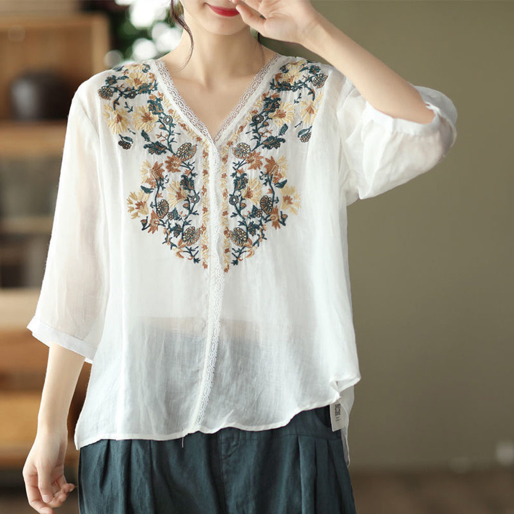 Women Floral Embroidery Blouse Shirt White V-Neck Cotton Summer