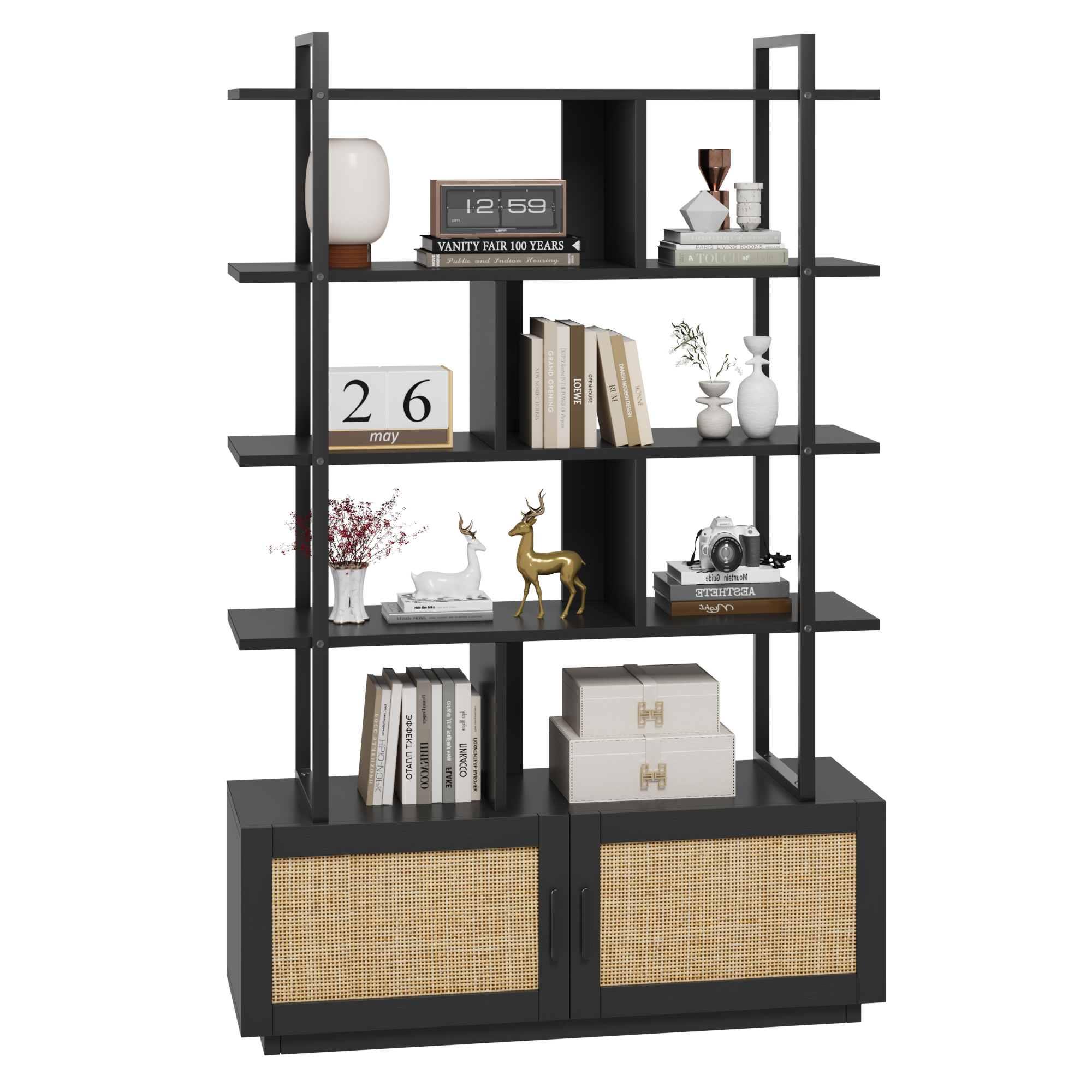 US GARVEE 5 Tier Rattan Bookshelf with Storage Cabinet & Door, 71.1 Inch Tall Industrial Book Shelf, Metal Frame, Anti-Tipping, Easy Assembly