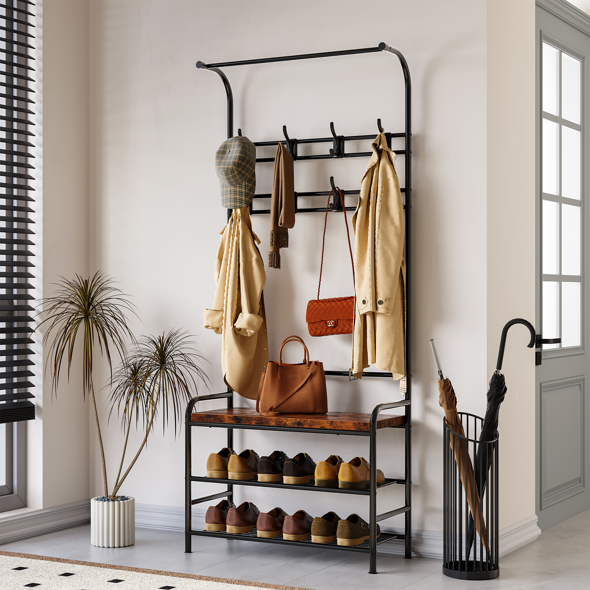 US GARVEE Hall Tree Bench, Rustic Brown with 8 Hooks, Storage Bench with Hanging Bar, Coat Rack for Entryway, Hallway, Bedroom