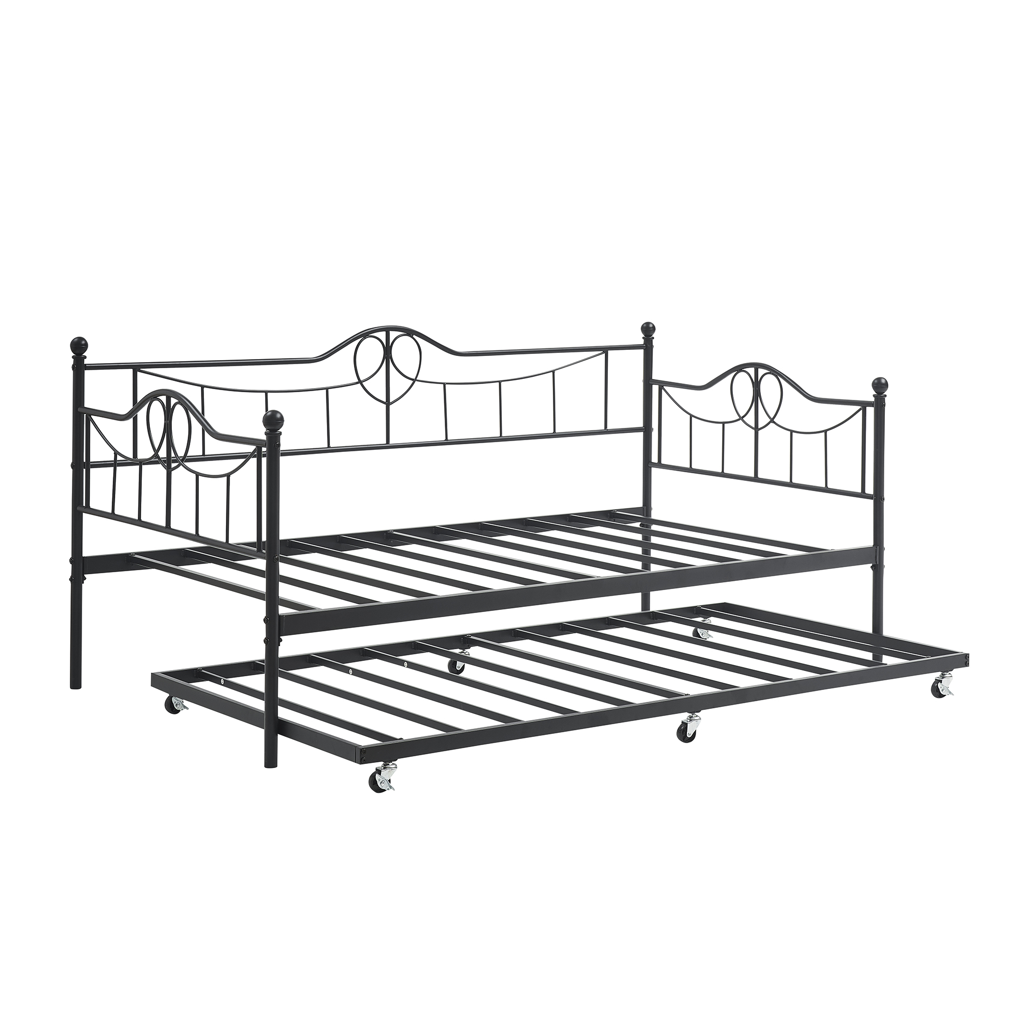 US GARVEE Twin Day Bed with Trundle, Metal Frame, Steel Slat Support, No Box Spring Needed, Black, for Kids, Teens, Adults,Black