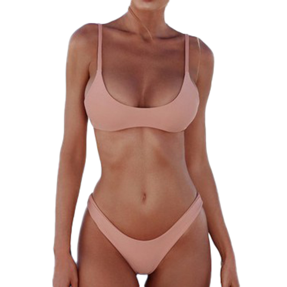 2 Pcs/set Women  Sexy  Bikini Solid Color Fashion Split Two-piece Swimwear Bathing Suit Pink_L