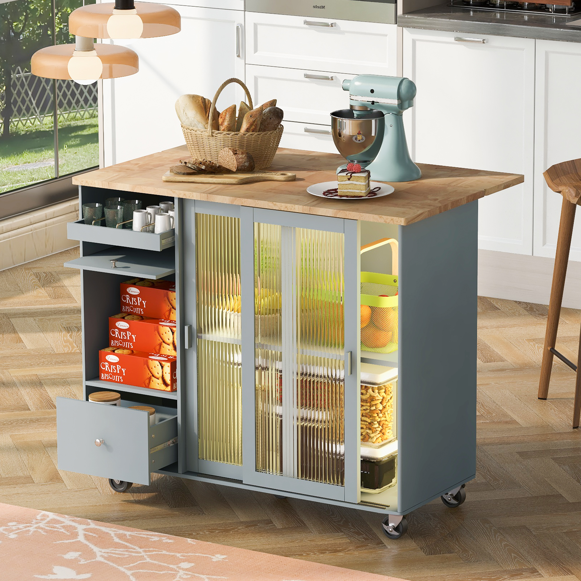 US Rolling Kitchen Island With Storage Drawer Adjustable Shelf Sliding Glass Door Cabinet With LED Light For Kitchen Grey+Blue