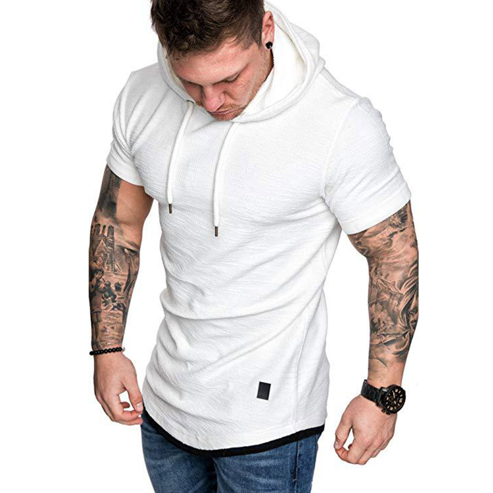 Men Summer Simple Solid Color Hooded Breathable Sports T-shirt white_L
