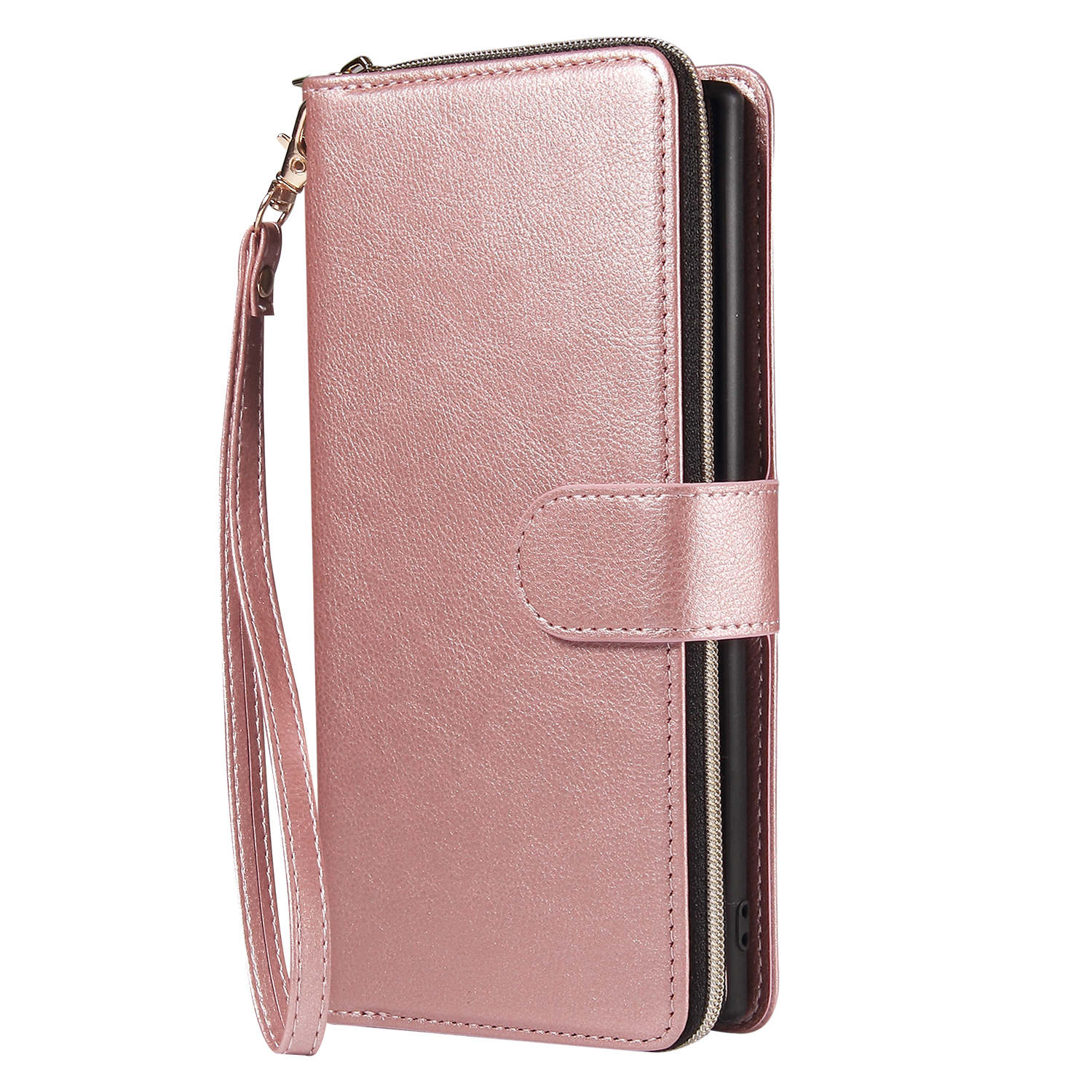 For Samsung A51 5G/A71 5G/Note 10 pro Pu Leather Mobile Phone Cover Zipper Card Bag + Wrist Strap Rose gold