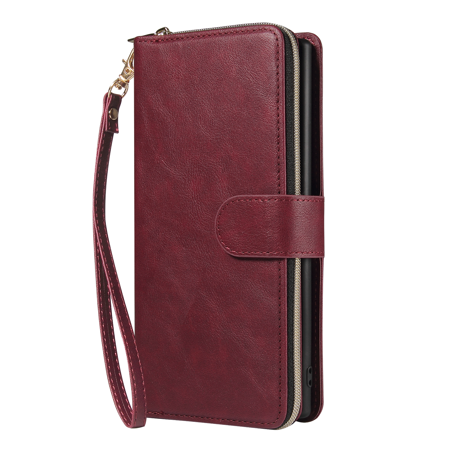 For Samsung A51 5G/A71 5G/Note 10 pro Pu Leather Mobile Phone Cover Zipper Card Bag + Wrist Strap Red wine