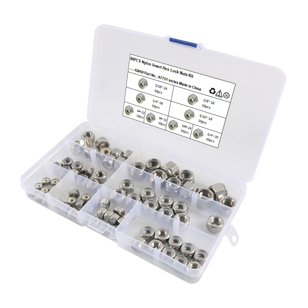80Pcs Hex Nut Assortment Set Nylon Locking Nuts Hardware Kit 8 Specifications Hex Locking Nuts Hardware silver