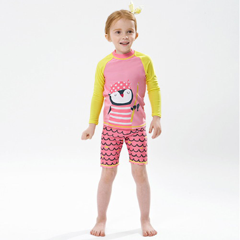 2pcs Boys Swimsuit Set Cute Cartoon Printing Long Sleeved Sunscreen Quick-drying Swimwear For Children pink penguin 5-6years L