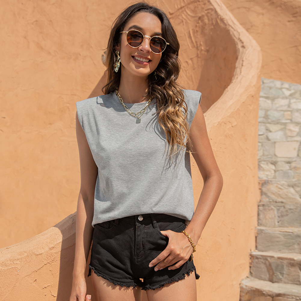 Women Round Neck Tank Tops Elegant Simple Solid Color Pullover Tops Casual Sleeveless T-shirt grey L