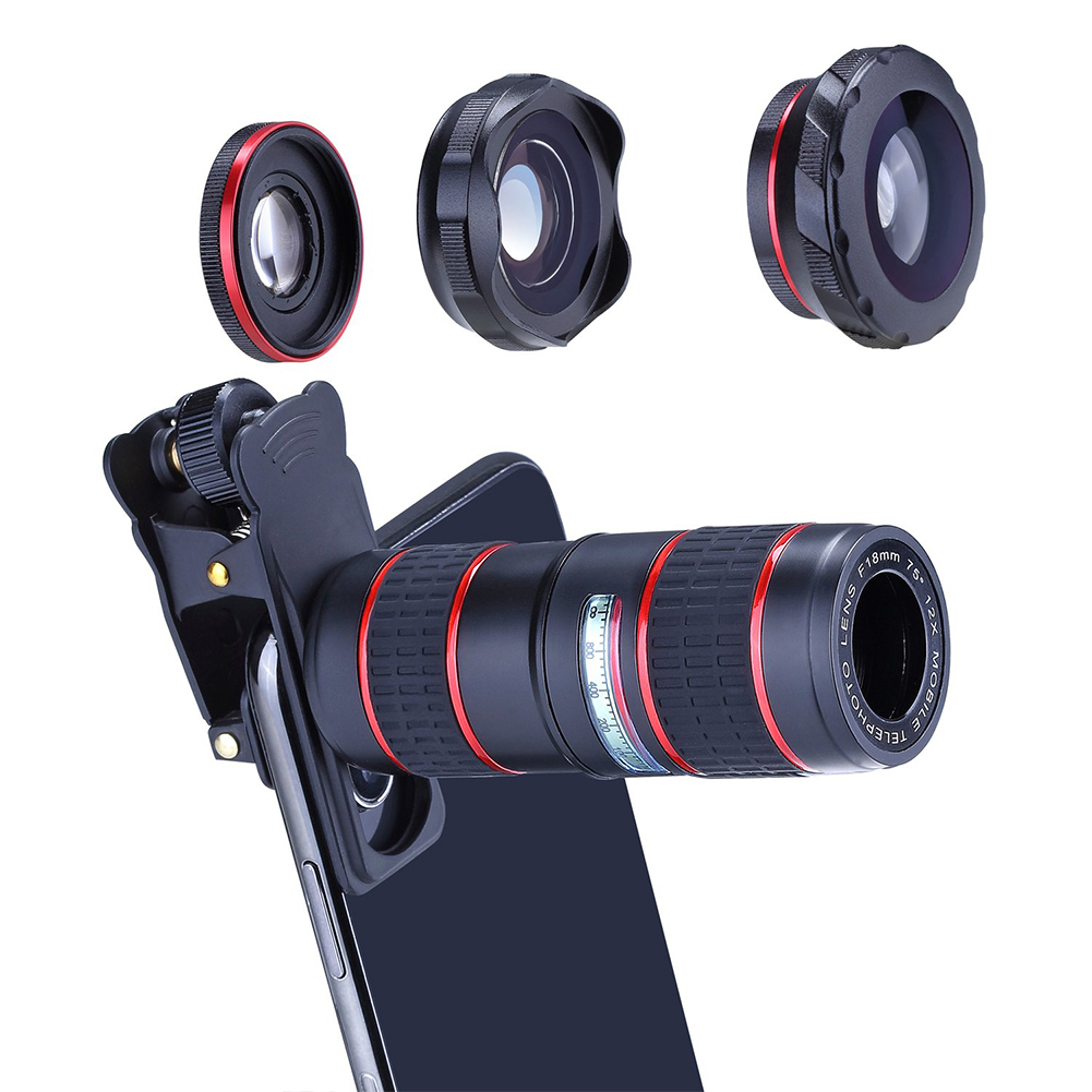 Phone Camera Zoom Lens Kit for iOS Android Smartphones, 5 in 1 HD 180�� Fisheye Lens, 0.36X Wide Angle Lens, 15X Macro Lens and 12X Telephoto Lens Camera Lens for Tablet PC Five-in-one suit