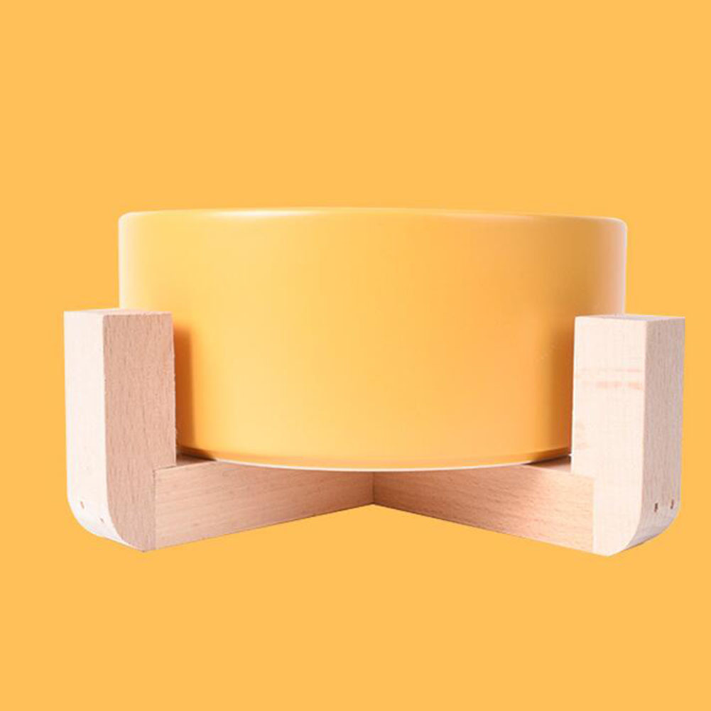 Nonslip Wooden Neck Guard Stand + Ceramic Bowl for Pet Cats Dogs Feeding yellow_16*9*7cm